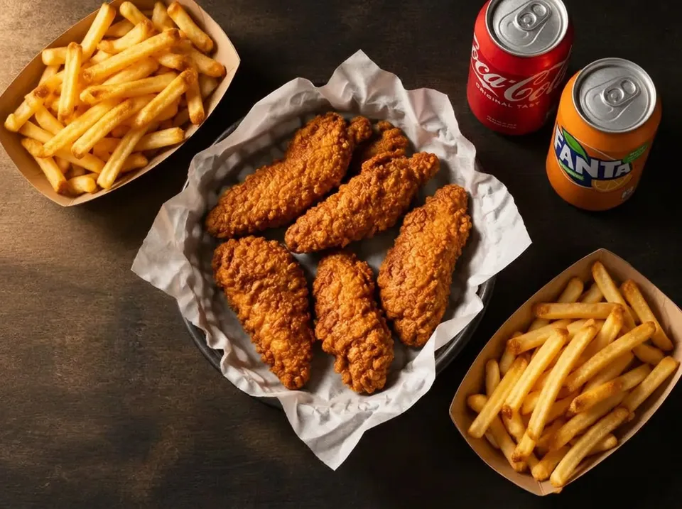 Duo AU ST EX avec tenders, frites et canettes