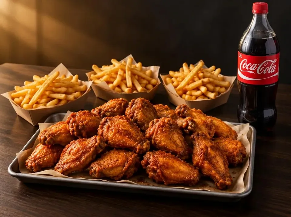 Menu Trio AU ST EX avec wings, frites et bouteille