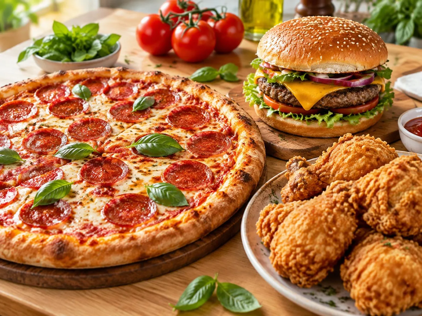 Pizza pepperoni, cheeseburger et fried chicken AU ST EX en lumière naturelle